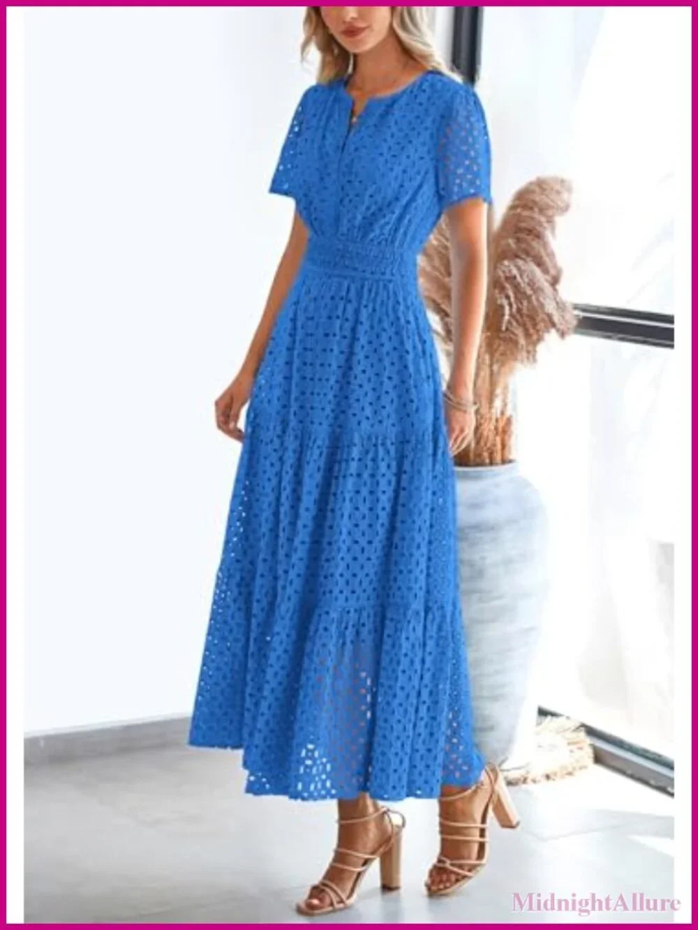 Women's Eyelet Maxi Dress Boho Smocked Waist Short Sleeve V Neck A-Line Flow